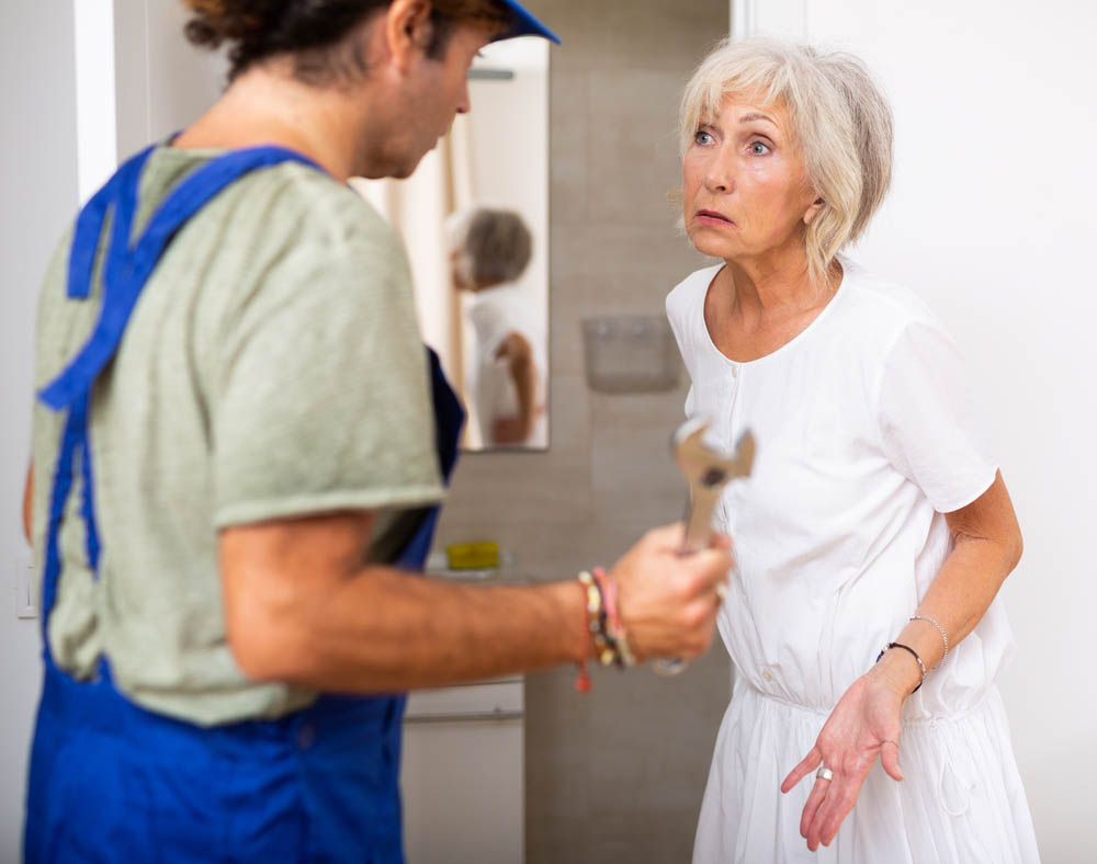 elderly woman talking with plumber elderly woman talking with plumber