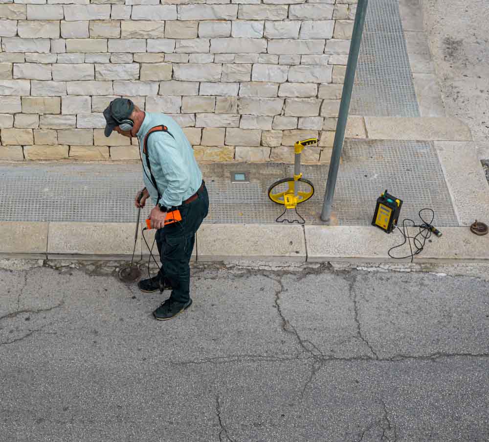 Speedy Rooter technician using acoustic leak detection equipment