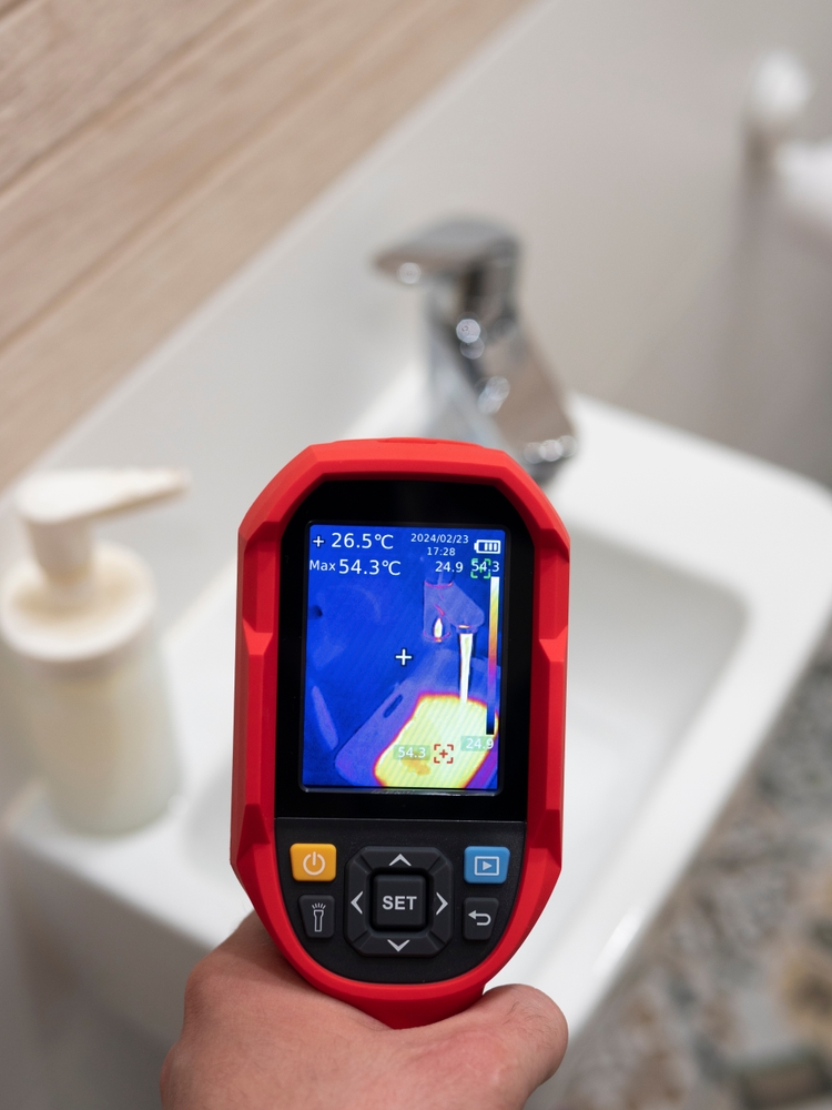 Technician using thermal imaging camera inspecting bathroom sink for heat loss