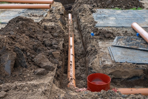 underground sewer pipe installation in trench